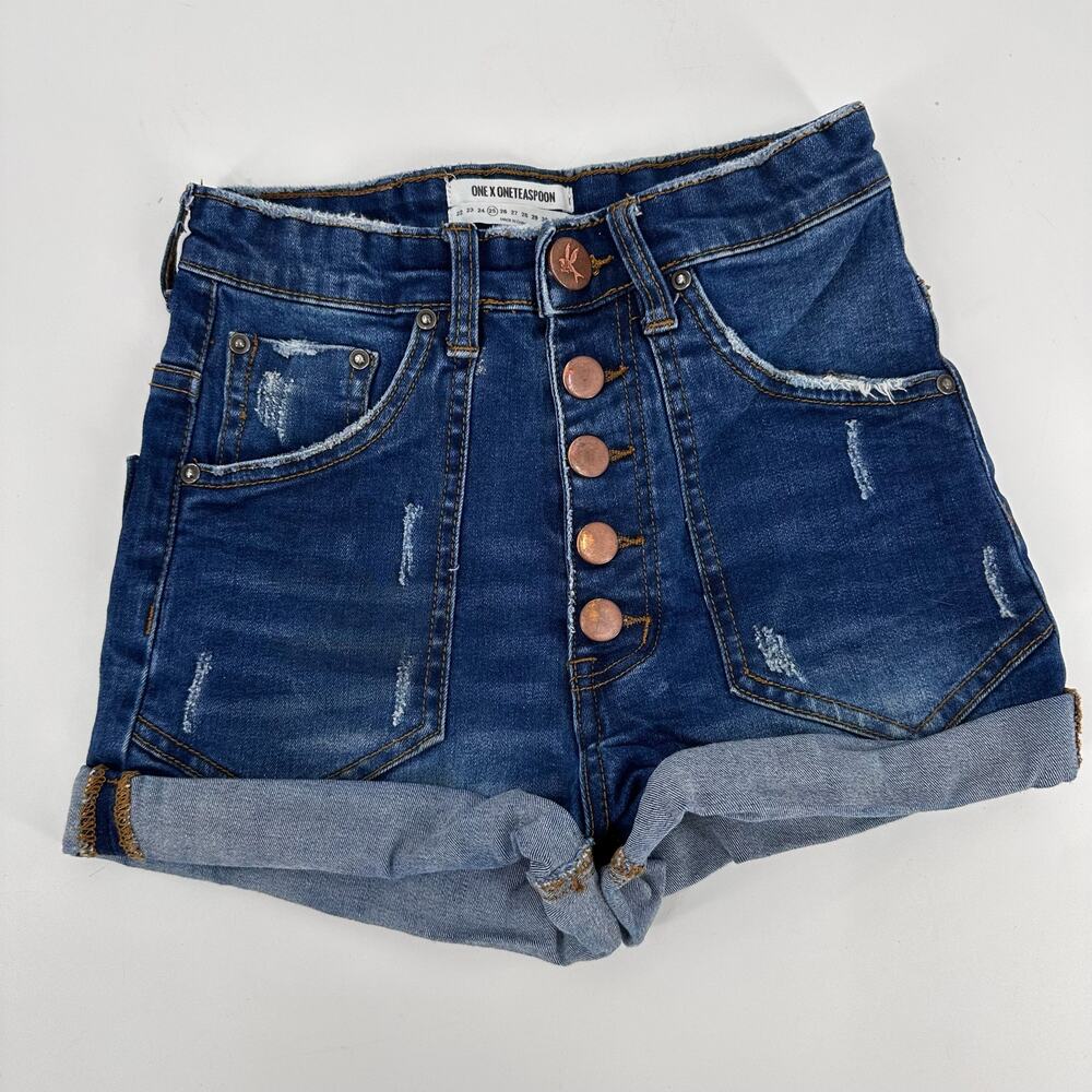 One X Teaspoon Harlets High Rise Twisted Cuff Hem Shorts SZ 25 Bonnie Blue Jean